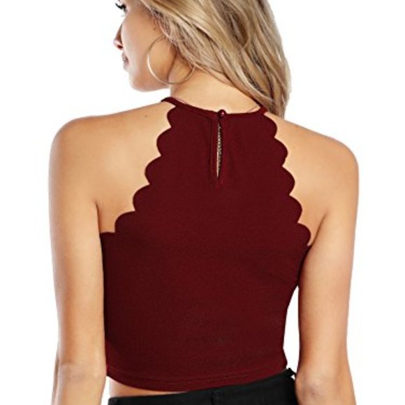 Burgundy Scallop Trim Halter Crop Top (S) - Picture 3 of 5
